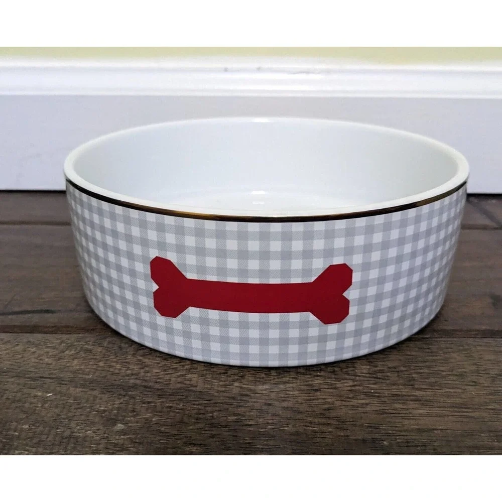 Wit & Delight Ceramic Pet Bowl Gray Gingham Red Dog Bone Gold Rim New Target